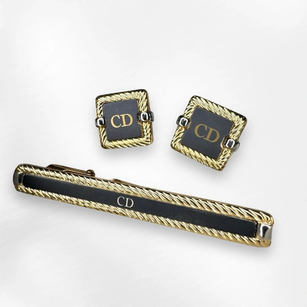Christian Dior Vintage Cufflinks and Tie Bar / Money Clip Gold Silver & Black - Picture 3 of 14